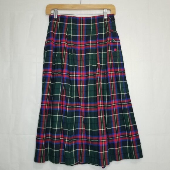 Vintage Talbots Tartan midi skirt red green sz 10 plaid pleated buttons on side - Picture 11 of 11